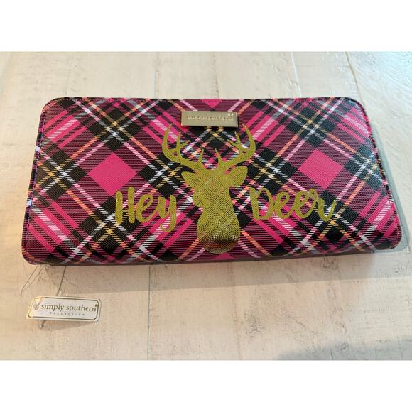 Simply Southern Pink Plaid “Oh Deer” Wallet NWT - Picture 1 of 5